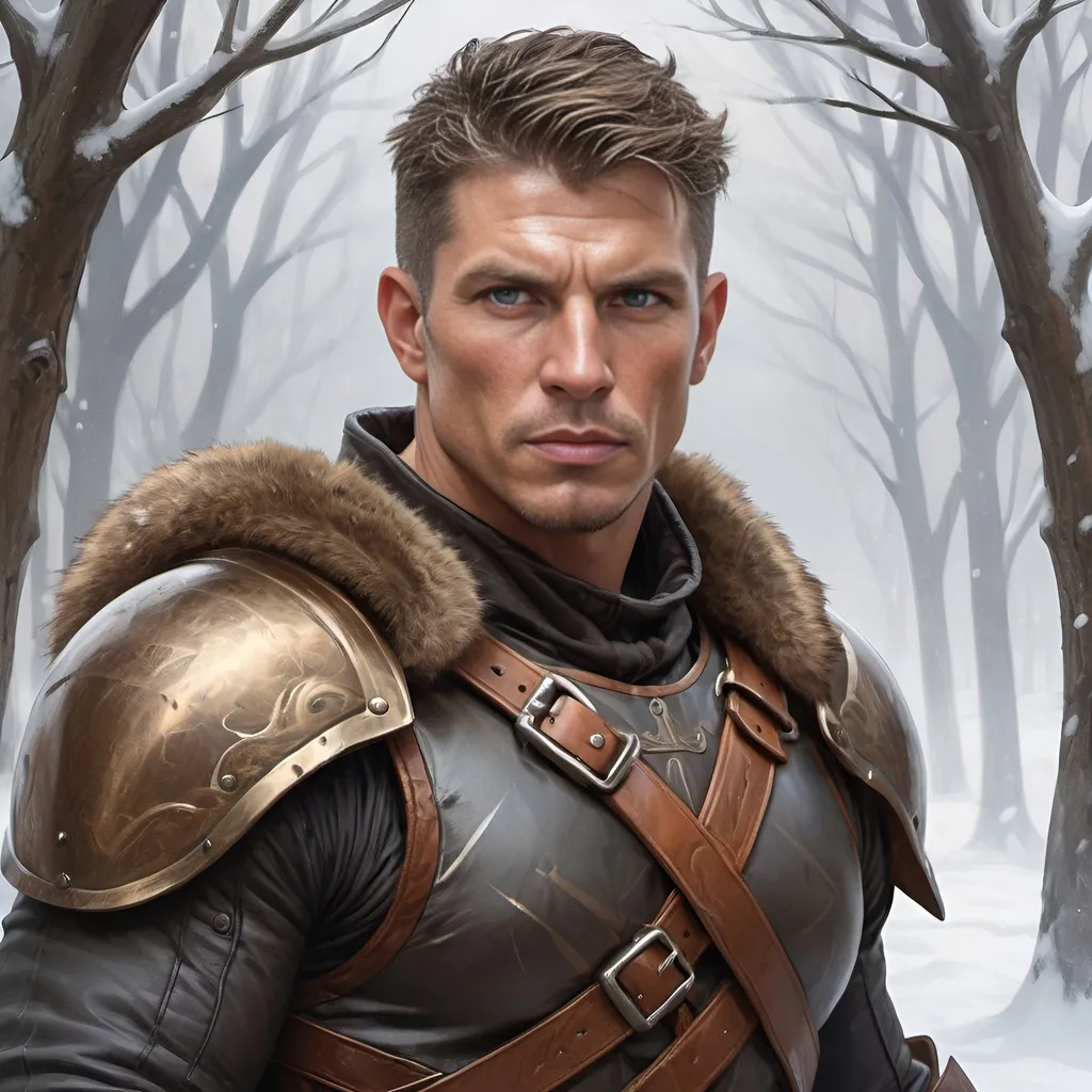 Prompt: rugged male fantasy warrior, square jaw, Kenny Johnson, bold, shaved, dark hair, fantasy art, leather and bronze armorur,  poster, high definition, winter background, sharp focus, illustration, art by artgerm and greg rutkowski and alphonse mucha