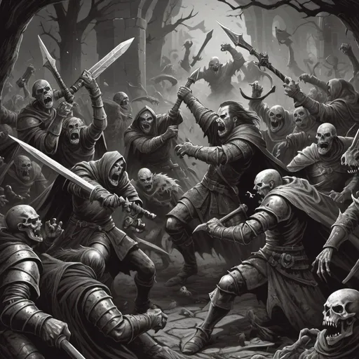 Prompt: fantasy hero party fighting a hord of undead monsters, medieval print style, monocrome print, d&d, carved print, dark, ominous