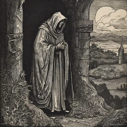 Prompt: medieval woodcut print of a character hidden, spying on a fantasy ancient deity cult, medieval print, monocrome print, dark, ominous hyperdetailed