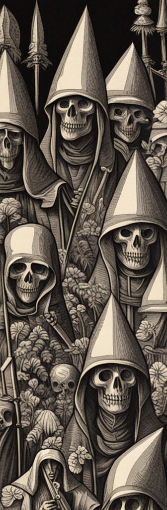 Prompt: medieval woodcut print of a procession of hooded figures, medieval print, monocrome print, dark, ominous, skulls, graveyard, creepy, hyperdetailed