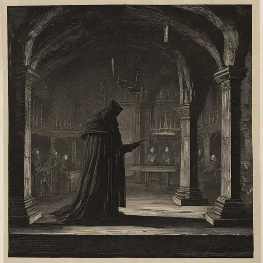 Prompt: medieval woodcut print of a inquisition chamber in dim light, hooded figure, medieval print, monocrome print, dark, ominous hyperdetailed

