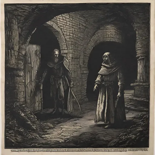 Prompt: medieval woodcut print of a two character exploring a dungeon, lonliness, medieval print, monocrome print, dark, ominous, hyperdetailed