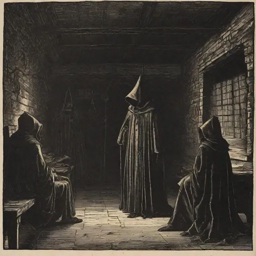 Prompt: medieval woodcut print of a inquisition chamber in dim light, hooded figure, medieval print, monocrome print, dark, ominous hyperdetailed
