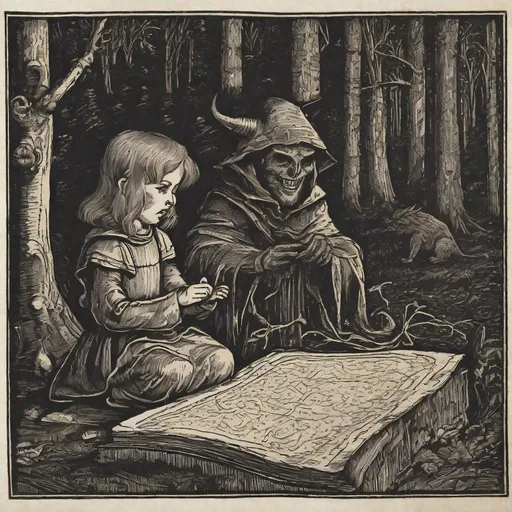 Prompt: medieval woodcut print of a little girl signing a scroll with demon pointing at her, forest, medieval print, monocrome print, dark, ominous hyperdetailed