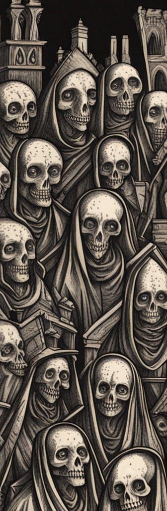 Prompt: medieval woodcut print of a procession of hooded figures, medieval print, monocrome print, dark, ominous, skulls, graveyard, creepy, hyperdetailed