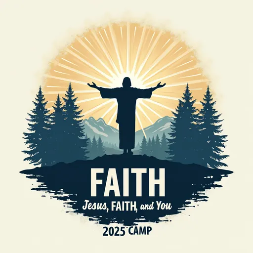 Prompt: "Design a Christian camp t-shirt with a modern, clean, and powerful style. The central theme should be 'Jesus, Faith, and You'. Use a bold yet spiritual color palette (navy blue, white, and gold accents). Show an image of Jesus with open arms in the background, surrounded by rays of light and a peaceful outdoor scene like a forest or mountains, symbolizing the camp setting. Include a silhouette of a person standing with hands raised in worship, facing Jesus. Add the word 'FAITH' in large, bold letters across the chest area, with smaller text below: 'Jesus, Faith, and You – 2025 Camp'. Use a minimal yet impactful Christian graphic style with clean lines, soft textures, and inspirational, calming vibes. Make sure the design is centered, easy to print on a t-shirt, and looks great on dark or light fabric."