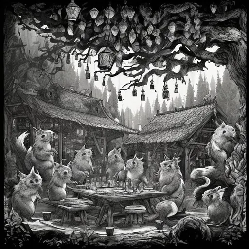 Prompt: Black and white ink art of a tavern made out of a tree in the forest with a table of rowdy squirrels drinking beer, intricate line work, traditional ink drawing, vintage black and white, high contrast, dramatic lighting, detailed