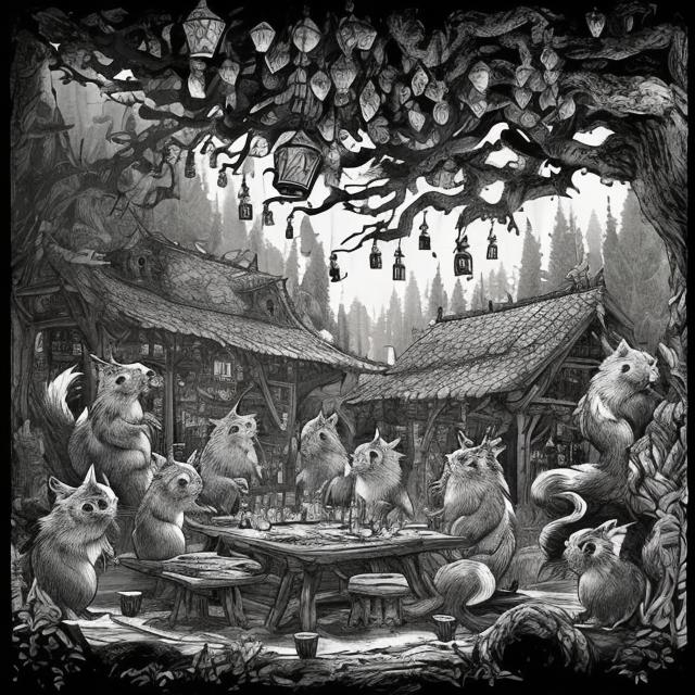 Prompt: Black and white ink art of a tavern made out of a tree in the forest with a table of rowdy squirrels drinking beer, intricate line work, traditional ink drawing, vintage black and white, high contrast, dramatic lighting, detailed