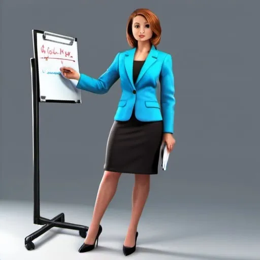 Prompt: a female, body only, facing forward, closeup, wearing a bright blue professional blazer  and matching skirt with black shoes,  left hand reached out pointing at a knee high whiteboard type sign,  right hand holding a notebook realistic, 3d