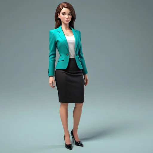 Prompt: a female, body only, closeup, wearing a teal professional blazer  and matching skirt with black shoes, realistic, 3d
