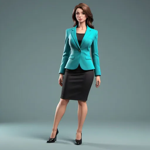 Prompt: a female, body only, closeup, wearing a teal professional blazer  and matching skirt with black shoes, realistic, 3d
