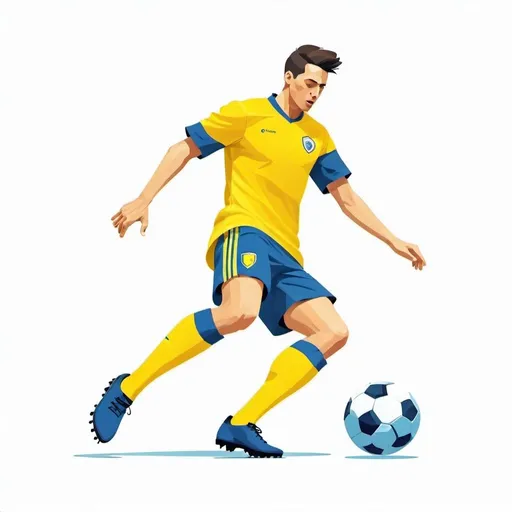 Prompt: Flat illustration of a soccer player in action, with the ball, yellow & Blue dress, clean and minimalist design, high quality, flat illustration, action pose, dynamic movement, professional design, detailed features, white background