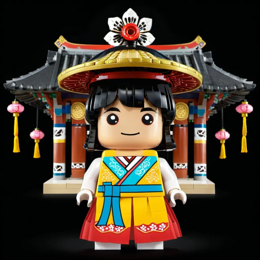 Prompt: A LEGO-style illustration of a young Korean noble boy (doryeong) wearing a traditional gat (Korean hat), dressed in traditional hanbok attire, standing in front of a historical Korean landmark."
