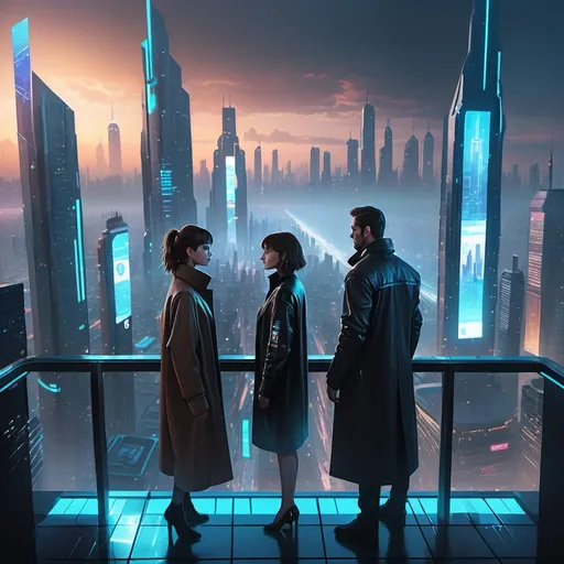 Prompt: "A futuristic city at dusk, with towering skyscrapers emitting a cold blue glow, and digital billboards flickering with holographic advertisements. In the foreground, a man and a woman, both in their mid-30s, stand on a high balcony overlooking the chaotic city below. The woman has short brown hair and is wearing a sleek black coat, with a glowing neural implant on the side of her head. The man, with dark hair and a rugged look, is dressed in a futuristic jacket with faint scars visible on his face, hinting at a turbulent past. Both have a serious, determined expression as they gaze into the distance, their hands almost touching but not quite. In the background, the sky is dark with swirling clouds, and the streets below show cars frozen mid-motion, with faint ghostly figures from alternate timelines overlapping in the scene. Subtle distortions in the air hint at the disruption of time."