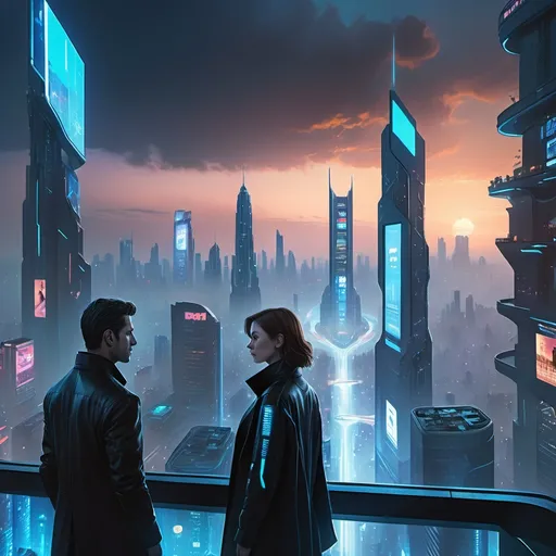 Prompt: "A futuristic city at dusk, with towering skyscrapers emitting a cold blue glow, and digital billboards flickering with holographic advertisements. In the foreground, a man and a woman, both in their mid-30s, stand on a high balcony overlooking the chaotic city below. The woman has short brown hair and is wearing a sleek black coat, with a glowing neural implant on the side of her head. The man, with dark hair and a rugged look, is dressed in a futuristic jacket with faint scars visible on his face, hinting at a turbulent past. Both have a serious, determined expression as they gaze into the distance, their hands almost touching but not quite. In the background, the sky is dark with swirling clouds, and the streets below show cars frozen mid-motion, with faint ghostly figures from alternate timelines overlapping in the scene. Subtle distortions in the air hint at the disruption of time."