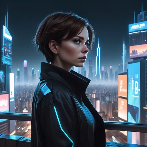 Prompt: A futuristic city at dusk, with towering skyscrapers emitting a cold blue glow, and digital billboards flickering with holographic advertisements. In the foreground, a woman in her mid-30s with short brown hair, wearing a sleek black coat, stands on a high balcony overlooking the city. Her expression is somber, eyes filled with determination. A glowing neural implant is visible on the side of her head, with faint energy lines leading from it, symbolizing her connection to time. In the distance, subtle distortions in the air hint at a disrupted timeline. The sky is dark with swirling clouds, giving the atmosphere a sense of tension and uncertainty. The city below shows signs of chaos – cars in the streets are frozen mid-motion, and faint ghostly figures from different timelines overlap in the scene."