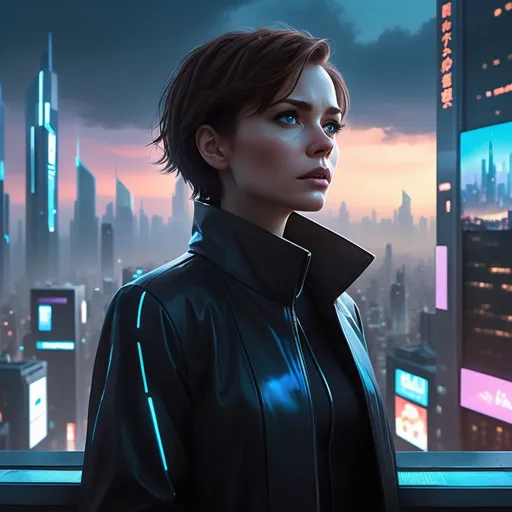 Prompt: A futuristic city at dusk, with towering skyscrapers emitting a cold blue glow, and digital billboards flickering with holographic advertisements. In the foreground, a woman in her mid-30s with short brown hair, wearing a sleek black coat, stands on a high balcony overlooking the city. Her expression is somber, eyes filled with determination. A glowing neural implant is visible on the side of her head, with faint energy lines leading from it, symbolizing her connection to time. In the distance, subtle distortions in the air hint at a disrupted timeline. The sky is dark with swirling clouds, giving the atmosphere a sense of tension and uncertainty. The city below shows signs of chaos – cars in the streets are frozen mid-motion, and faint ghostly figures from different timelines overlap in the scene."