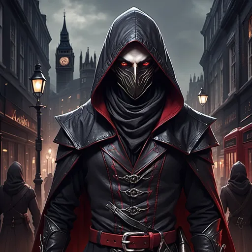 Prompt: An assassin who is a good looking Dark elf with red eyes, they have dark clothing wtih a hood and mask. They are in a 1800s london themed city in the dark.