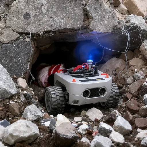 Prompt: I want to build a tiny robot capable of navigating its way through rubble and debris during earthquake and which can alerts search and rescue teams when it finds an injured person under the rubble. Generate an image of this.