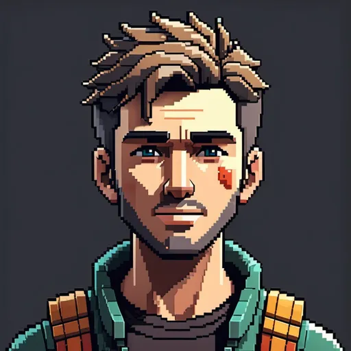 Prompt: (pixel art character model) (survival game character) male with short hair, injury details, vibrant color palette, retro video game style, detailed pixel textures, charming pixelated expressions, dynamic ambient lighting, nostalgic 8-bit design aesthetics, features of resilience and determination, conveying a sense of adventure, experiencing the odds in a hostile environment.