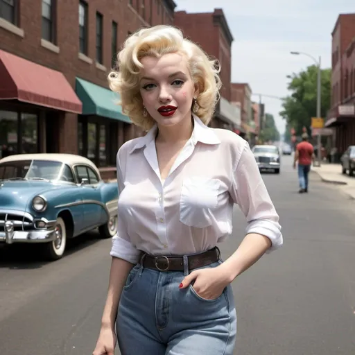 Prompt: marylin monroe today, casual outfit, realistic, goinf down the street