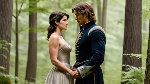 Prompt: cobie smulders Wearing a beautiful long dress. As a princess beside a handsome Muscular tall Prince that looks like klaus mikealson. They are standing in a romantic way in the middle of the woods