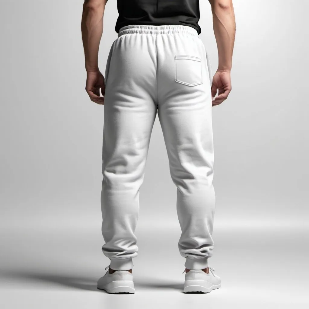 Prompt: create a mock-up of sweatpants on the floor. front view and back view with a white background
