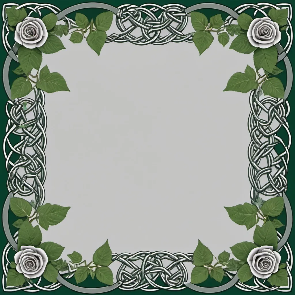 Prompt: a dark green and grey page border that goes around the whole page made from intertwining roses and ivy in the style of a celtic knot 