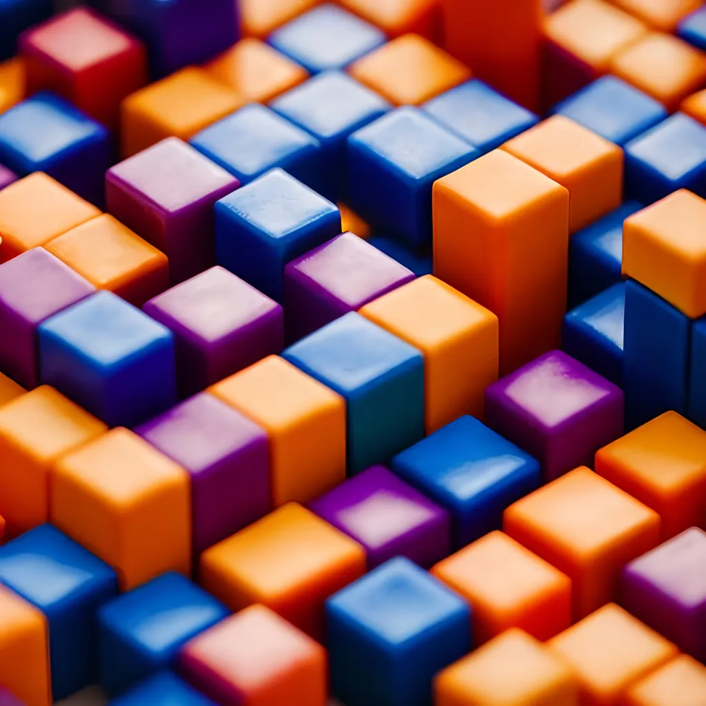 Prompt: cubes of blocks using red blue purple yellow and orange, random sizes