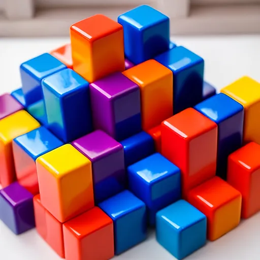 Prompt: cubes of blocks using red blue purple yellow and orange, random sizes