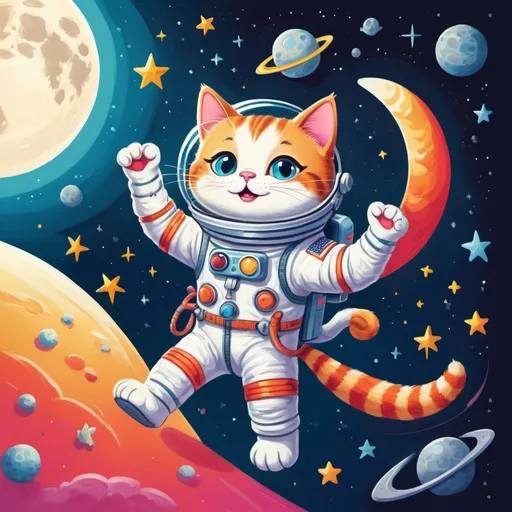 Prompt: Cartoon-style illustration of a cat's space adventure to the moon, playful and whimsical, vibrant colors, adorable astronaut kitty, starlit space, cartoony rocket ship, cheerful and cute, high quality, vibrant colors, playful, moon adventure, astronaut cat, starry sky, whimsical, cartoon-style, space exploration, joyful expressions, vibrant tones, imaginative, adorable design, playful lighting