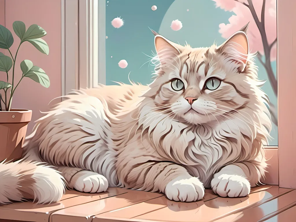 Prompt: Anime-style illustration of a relaxed cat, pastel-colored backdrop, soft and dreamy atmosphere, cozy and comfortable setting, fluffy fur with intricate details, serene and content expression, best quality, highres, ultra-detailed, anime, pastel colors, relaxed pose, dreamy, cozy, detailed fur, serene expression, professional, soft lighting