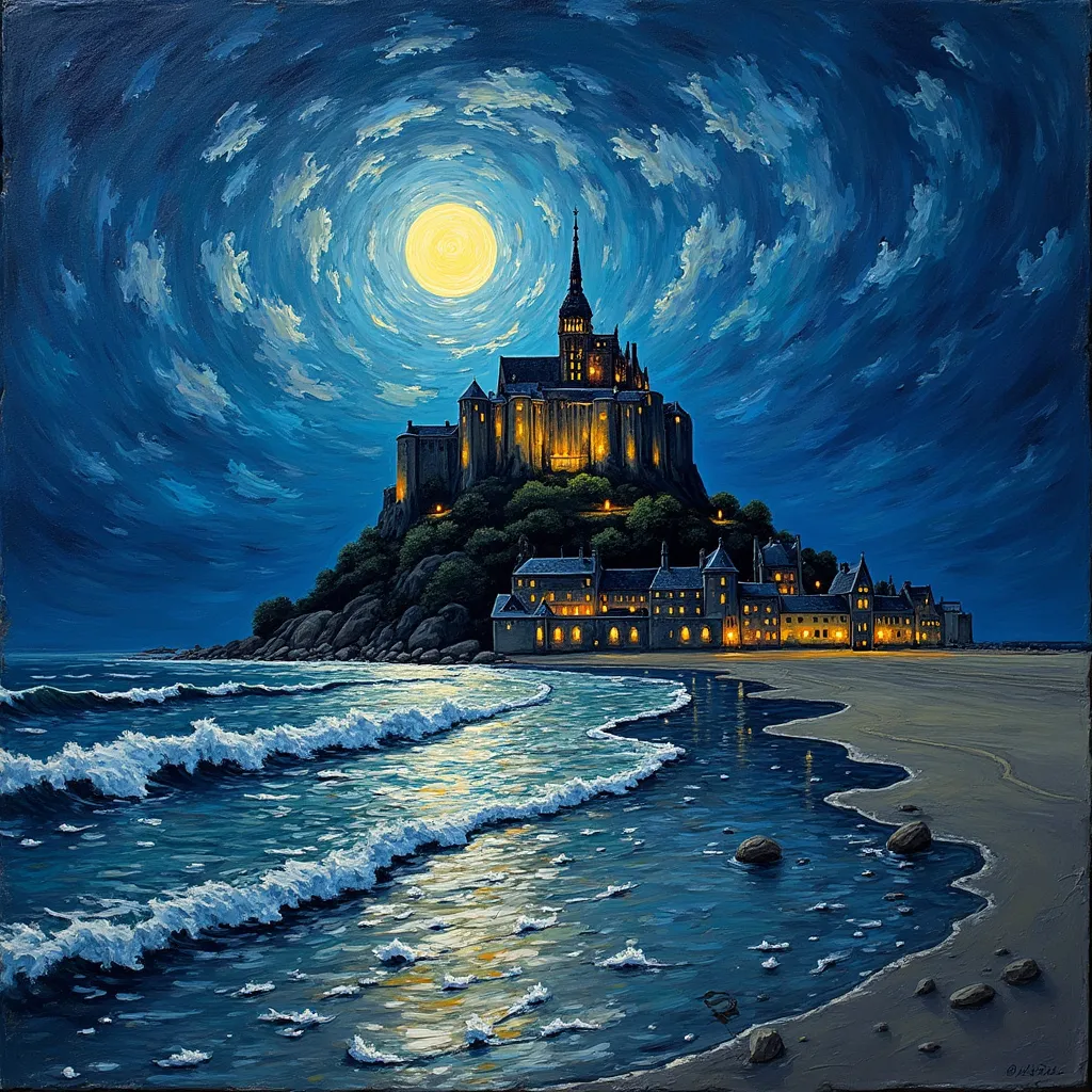 Prompt: mont san michel on a dark night, full moon, a painting in the  style of Vincent Van Gogh