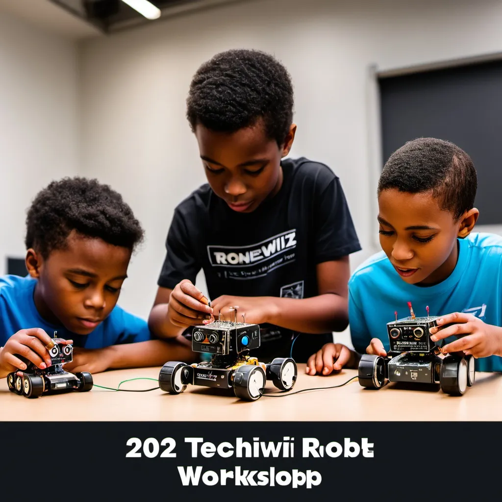 Prompt: 3 black Kids working on their robots
Include a banner with this text at the bottom of the Image "2024 Techwiz workshop"