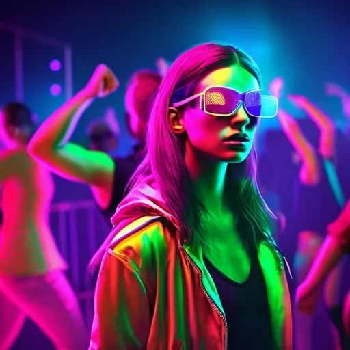 Prompt: Cool girl wearing sunglasses and rave wear in a nightclub dancing in a crowd in neon art style