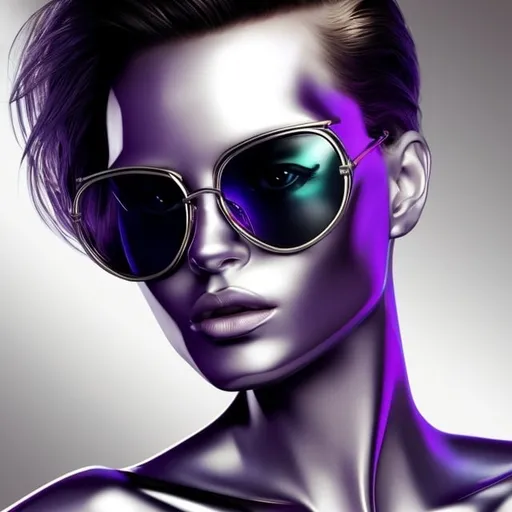 Prompt: Create a stylized portrait of a woman with flowing hair and oversized sunglasses, incorporating a metallic look. The hair should appear as shimmering strands of metal in hues of chrome, steel, and iridescent colors reflecting light, such as purples, pinks, blues, and golds. The sunglasses should have a reflective, mirror-like quality, akin to polished silver. The skin should have a subtle metallic sheen, suggesting a futuristic or cybernetic theme. The background should be simple, perhaps a gradient of dark to light grays, to accentuate the metallic elements of the subject. The composition should be square, perfect for avatars or profile pictures, with a balance between realism and stylization.