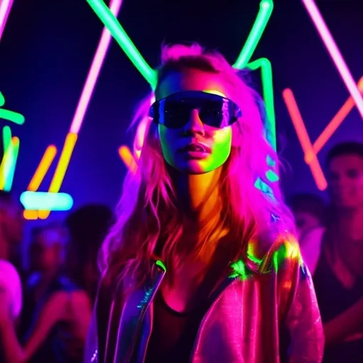 Prompt: Cool girl wearing sunglasses and rave wear in a nightclub dancing in a crowd in neon art style