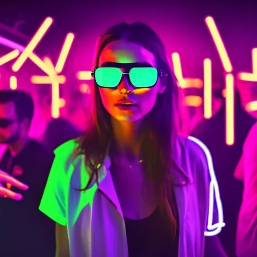 Prompt: Cool girl wearing sunglasses in a nightclub dancing in a crowd in neon art style