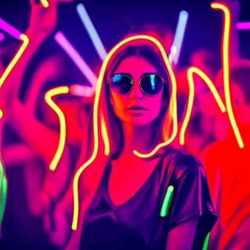 Prompt: Cool girl wearing sunglasses in a nightclub dancing in a crowd in neon art style