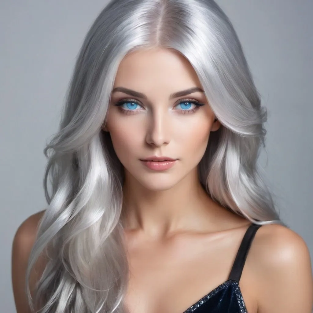 Prompt: A beautiful woman with shiny silver hair and blue eyes