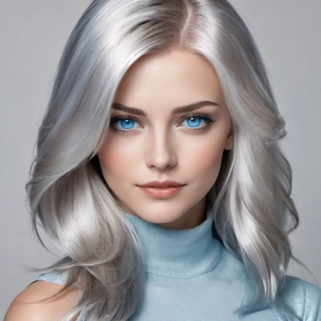 Prompt: A beautiful woman with shiny silver hair and blue eyes