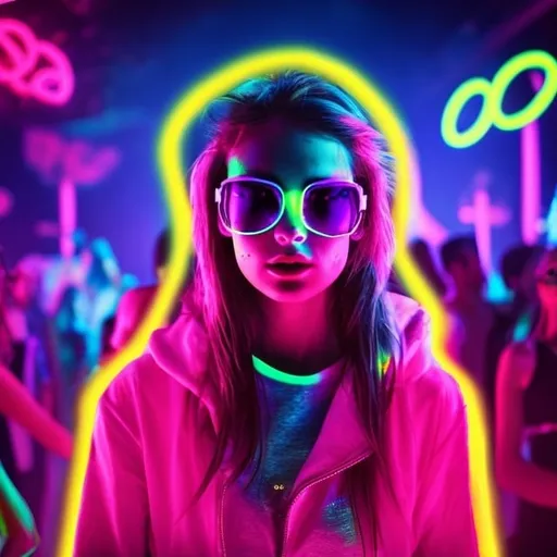 Prompt: Cool girl wearing sunglasses and rave wear in a nightclub dancing in a crowd in neon art style