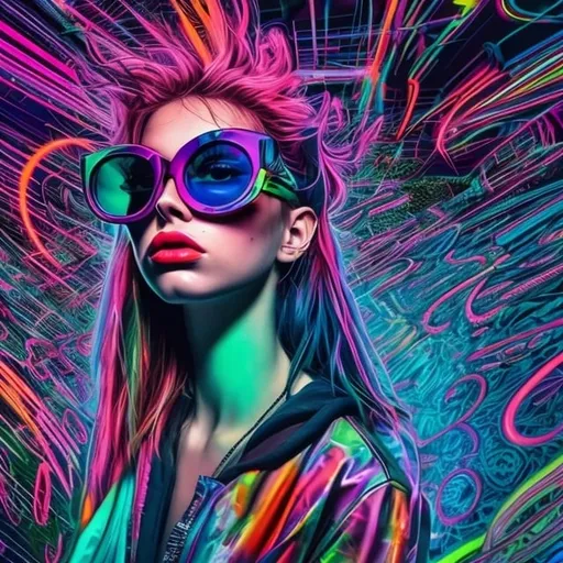 Prompt: Cool girl wearing sunglasses, rave wear, dancing in a nightclub, neon art style, psychedelic, vibrant colors, energetic atmosphere, glowing neon lights, trippy patterns, dynamic poses, vibrant multicolored hair, futuristic fashion, abstract backgrounds, high quality, artstyle-psychedelic, energetic, lively, neon nightlife, futuristic, dynamic poses, vibrant atmosphere, vibrant neon lights, vibrant colors, trippy patterns