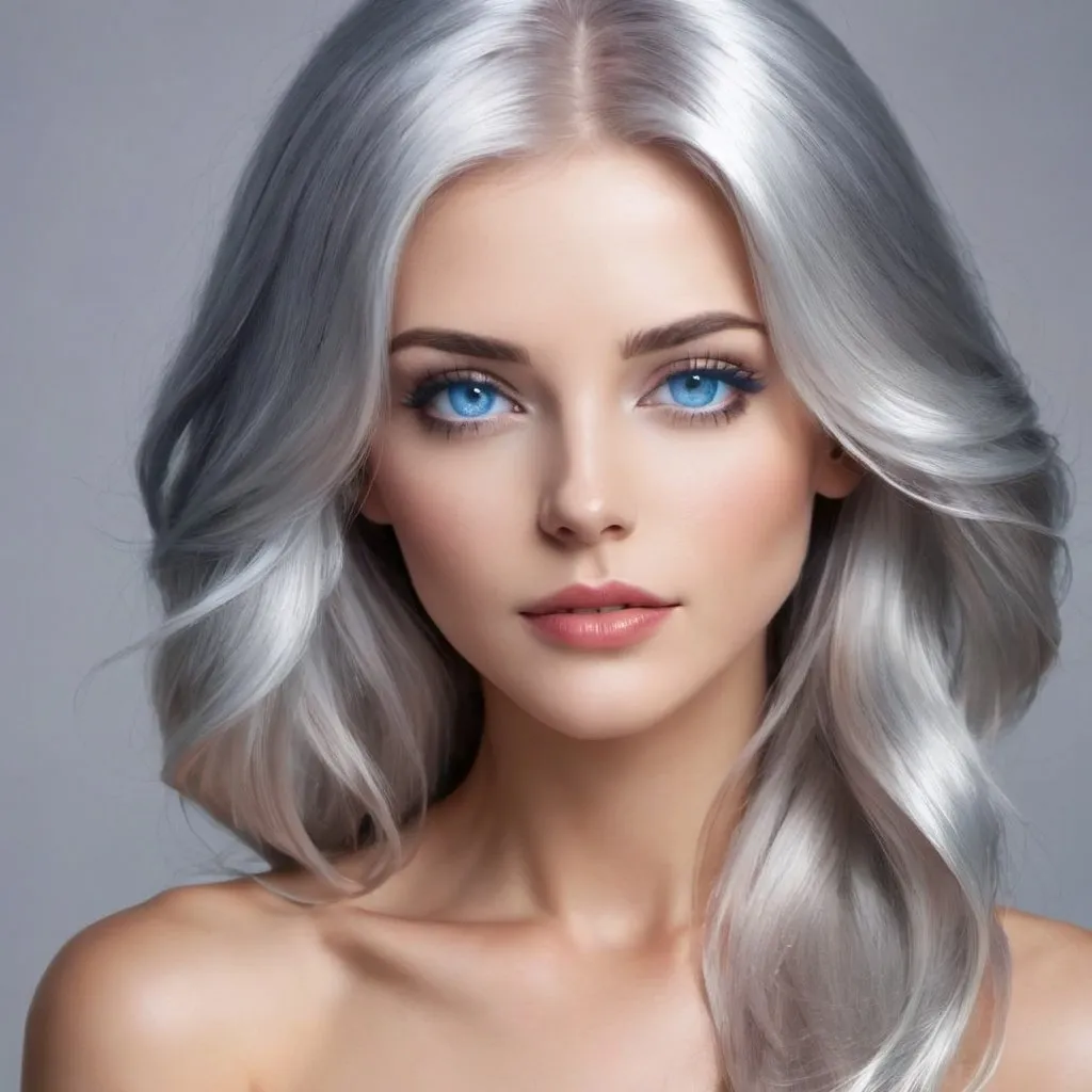 Prompt: A beautiful woman with shiny silver hair and blue eyes