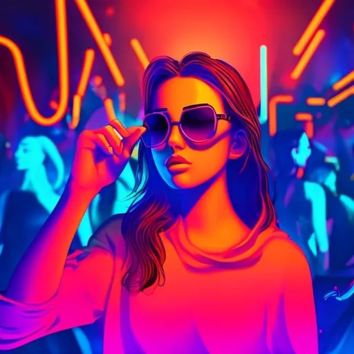 Prompt: Cool girl wearing sunglasses in a nightclub dancing in a crowd in neon art style