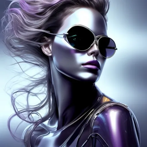 Prompt: Create a stylized portrait of a woman with flowing hair and oversized sunglasses, incorporating a metallic look. The hair should appear as shimmering strands of metal in hues of chrome, steel, and iridescent colors reflecting light, such as purples, pinks, blues, and golds. The sunglasses should have a reflective, mirror-like quality, akin to polished silver. The skin should have a subtle metallic sheen, suggesting a futuristic or cybernetic theme. The background should be simple, perhaps a gradient of dark to light grays, to accentuate the metallic elements of the subject. The composition should be square, perfect for avatars or profile pictures, with a balance between realism and stylization.