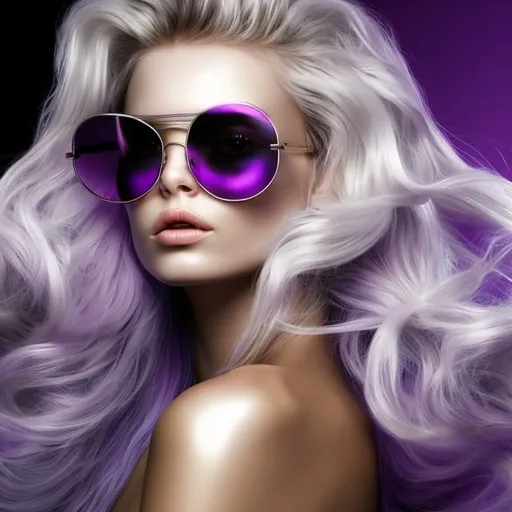Prompt: Create a stylized portrait of a woman with flowing hair and oversized sunglasses, incorporating a metallic look. The hair should appear as shimmering strands of metal in hues of chrome, steel, and iridescent colors reflecting light, such as purples, pinks, blues, and golds. The sunglasses should have a reflective, mirror-like quality, akin to polished silver. The skin should have a subtle metallic sheen, suggesting a futuristic or cybernetic theme. The background should be simple, perhaps a gradient of dark to light grays, to accentuate the metallic elements of the subject. The composition should be square, perfect for avatars or profile pictures, with a balance between realism and stylization.