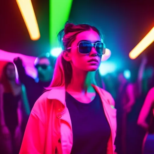 Prompt: Cool girl wearing sunglasses in a nightclub dancing in a crowd in neon art style