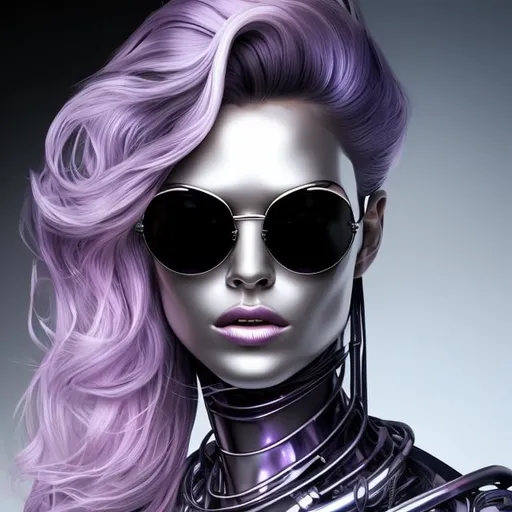 Prompt: Create a stylized portrait of a woman with flowing hair and oversized sunglasses, incorporating a metallic look. The hair should appear as shimmering strands of metal in hues of chrome, steel, and iridescent colors reflecting light, such as purples, pinks, blues, and golds. The sunglasses should have a reflective, mirror-like quality, akin to polished silver. The skin should have a subtle metallic sheen, suggesting a futuristic or cybernetic theme. The background should be simple, perhaps a gradient of dark to light grays, to accentuate the metallic elements of the subject. The composition should be square, perfect for avatars or profile pictures, with a balance between realism and stylization.