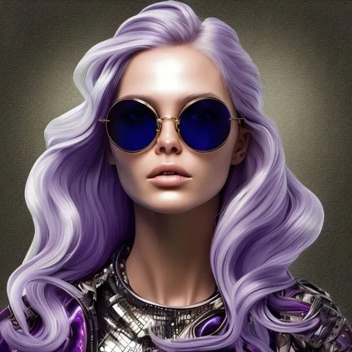 Prompt: Create a stylized portrait of a woman with flowing hair and oversized sunglasses, incorporating a metallic look. The hair should appear as shimmering strands of metal in hues of chrome, steel, and iridescent colors reflecting light, such as purples, pinks, blues, and golds. The sunglasses should have a reflective, mirror-like quality, akin to polished silver. The skin should have a subtle metallic sheen, suggesting a futuristic or cybernetic theme. The background should be simple, perhaps a gradient of dark to light grays, to accentuate the metallic elements of the subject. The composition should be square, perfect for avatars or profile pictures, with a balance between realism and stylization.